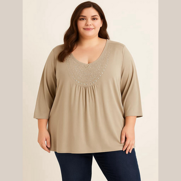 SALE 🛍️ SUSAN GRAVER Plus Size Tan Beaded Blouse 3/4 Sleeve Womens size 2X - Picture 1 of 10